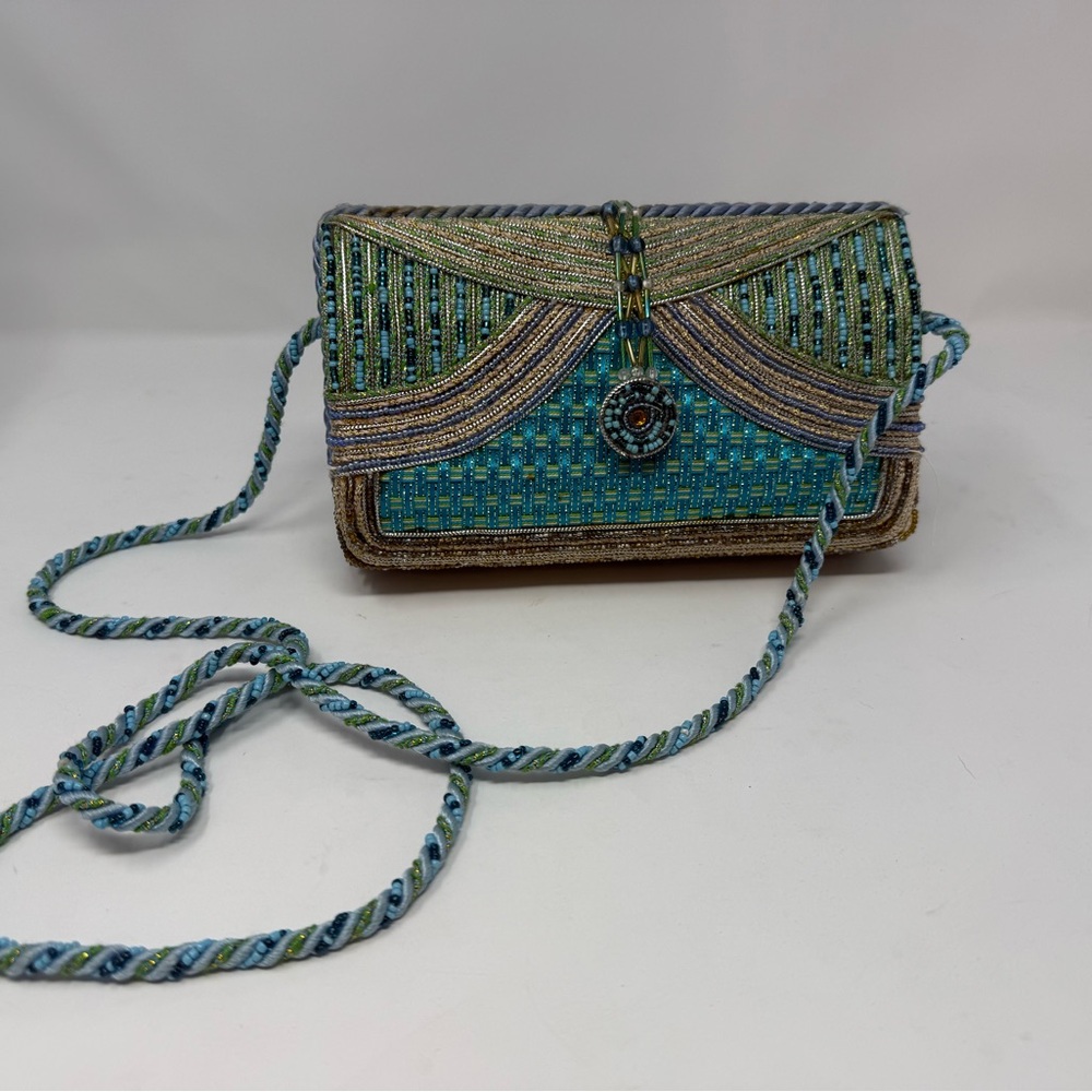 Vintage Mary Frances Rising Sun Hand Beaded bag Blue and Gold